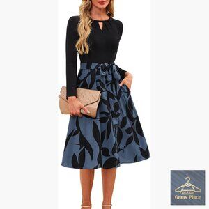 Long Sleeve Ribbed Midi Dress with Pockets, Business Casual Work Church Teacher